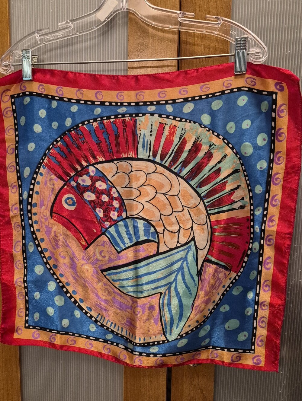 Vintage 100% Silk Scarf Whimsical Folk Art Koi Fish Print Square